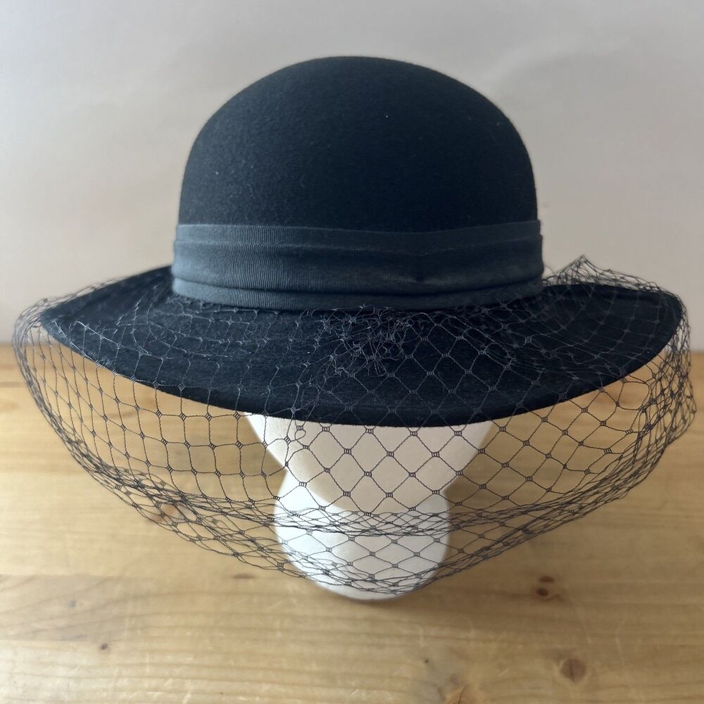 Vtg Geo W Bollman and Co. Hat Black Wool Felt Veiled Hat w Grosgrain Ribbon 55cm